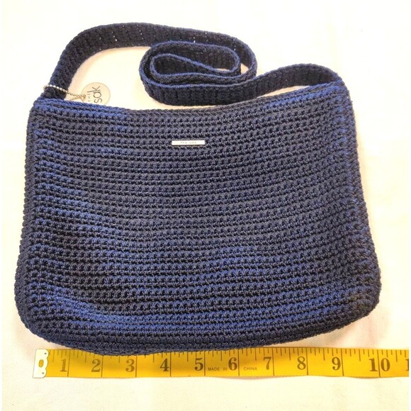 THE SAK Crocheted Shoulder Purse Handbag Small Rectangle Bag Boho Navy, Zipper‎ - Picture 7 of 9